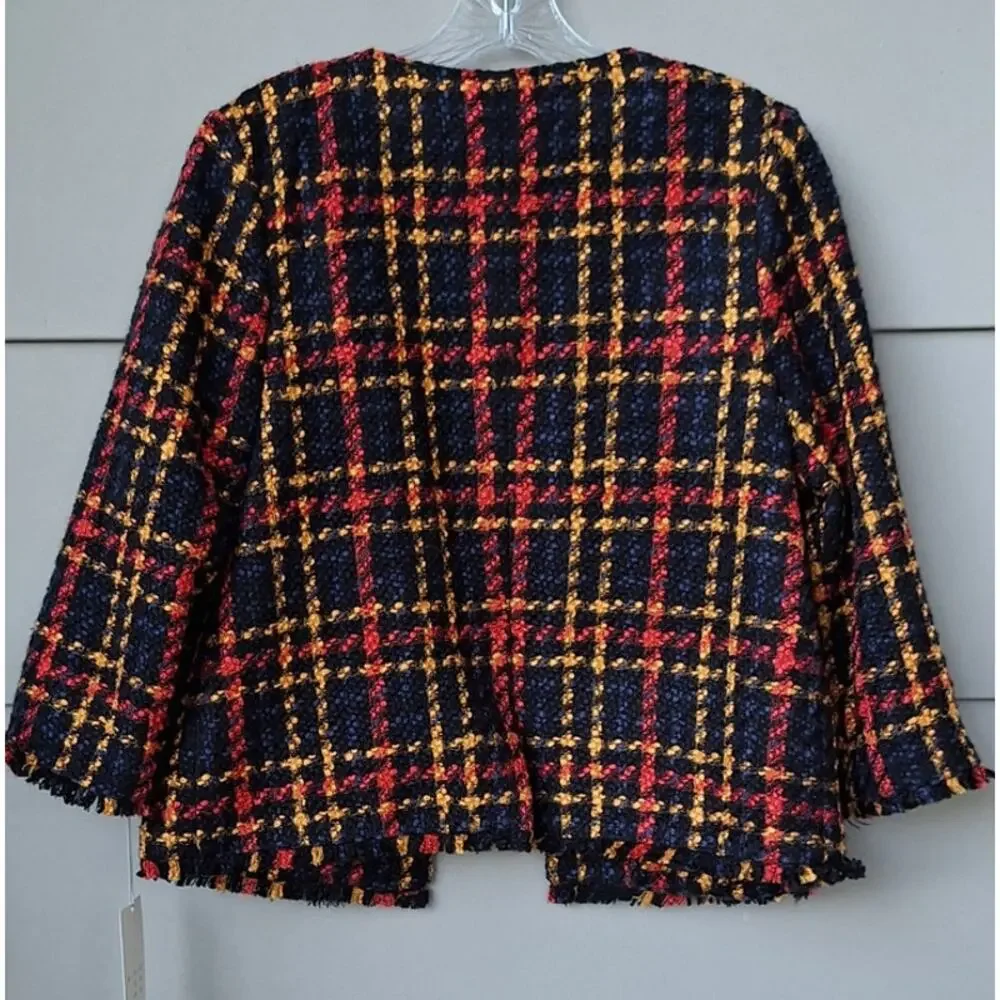 Tweed Bouclé Lady Jacket Fall Winter Blazer Plaid Black Orange-Red Yellow Size S